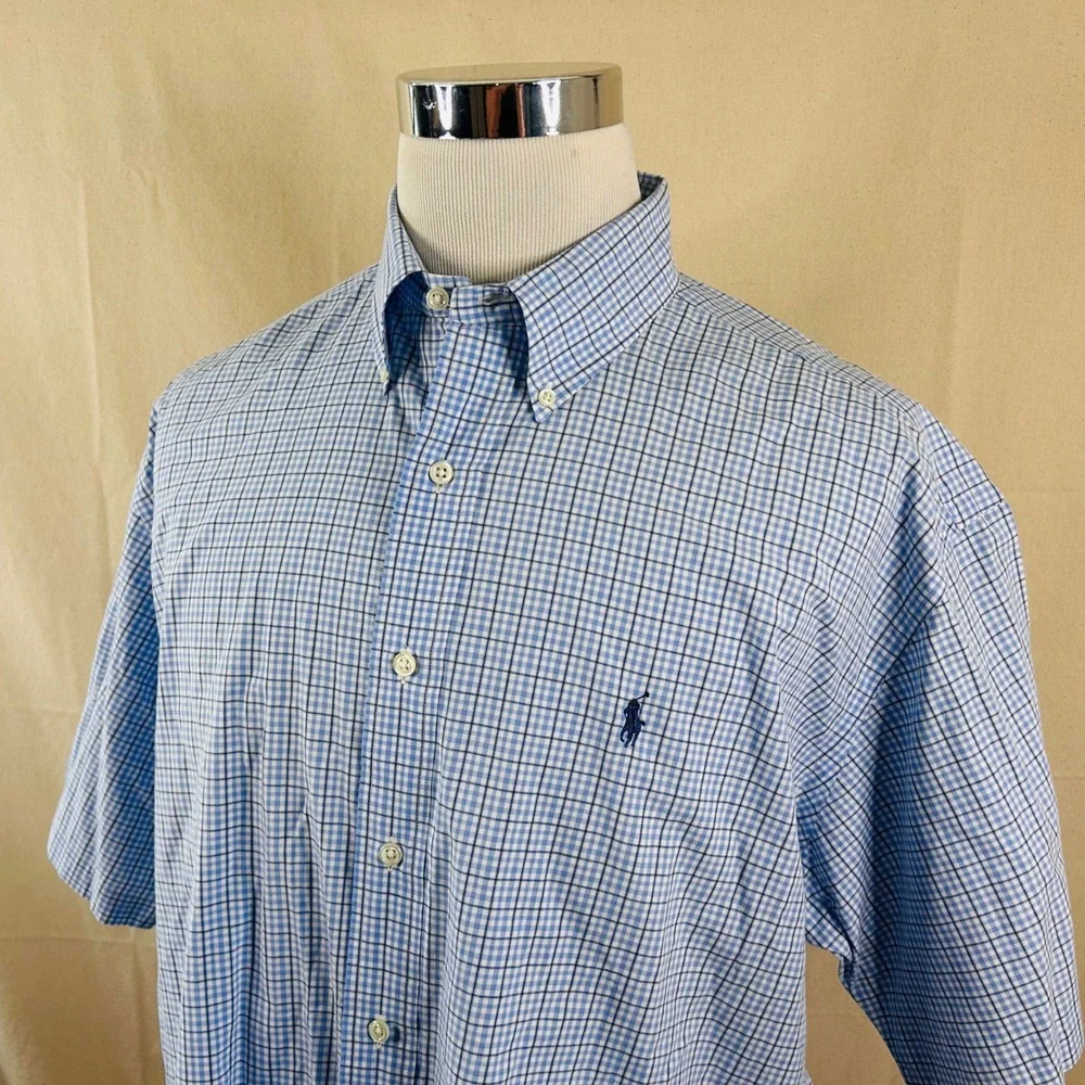 Polo Ralph Lauren XL Blake Button Down Shirt Blue Whtie Plaid Short Sleeve Mens